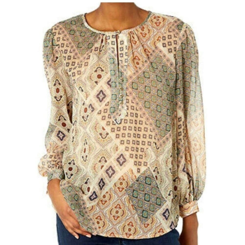 Johnny Was Neutral Patchwork Print Peasant Blouse with Green and Rust Accents